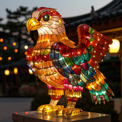 Colorful handcrafted lantern in the shape of an eagle, illuminated at night in a traditional setting